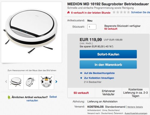 MEDION MD 16192 Saugroboter mit Ladestation - jetzt 16% billiger