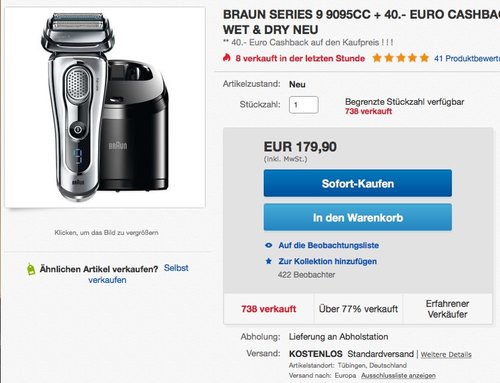 BRAUN SERIES 9 9095CC WET & DRY HERRENRASIERER + 40.- EURO CASHBACK - jetzt 30% billiger