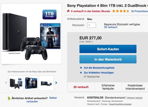 PS4 Slim 1TB + Uncharted 4 + 2. Controller - jetzt 22% billiger PS4 Slim 1TB + Uncharted 4 + 2. Controller - jetzt 22% billiger