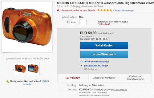 MEDION LIFE S44080 (MD 87280) Wasserdichte Digitalkamera 20 MP - jetzt 40% billiger MEDION LIFE S44080 (MD 87280) Wasserdichte Digitalkamera 20 MP - jetzt 40% billiger