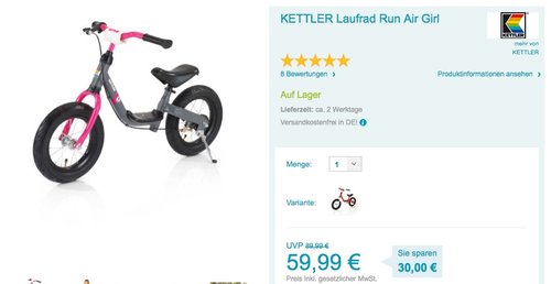 KETTLER Laufrad Run Air Girl ab 2 Jahren - jetzt 13% billiger KETTLER Laufrad Run Air Girl ab 2 Jahren - jetzt 13% billiger