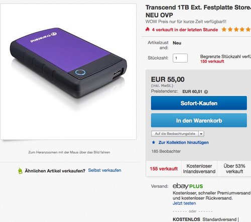 Transcend StoreJet 25H3P 1 TB Externe Festplatte - jetzt 17% billiger