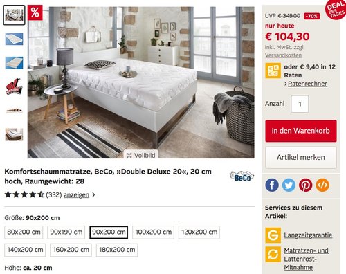 BeCO Komfortschaummatratze »Double Deluxe 20«, 90x200cm, 20 cm hoch - jetzt 26% billiger BeCO Komfortschaummatratze »Double Deluxe 20«, 90x200cm, 20 cm hoch - jetzt 26% billiger