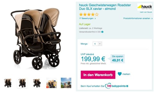 hauck Geschwisterwagen Roadster Duo SLX caviar - almon - jetzt 17% billiger