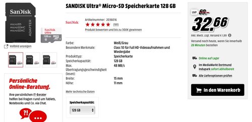 SANDISK Ultra Micro-SD Speicherkarte 128 GB - jetzt 37% billiger