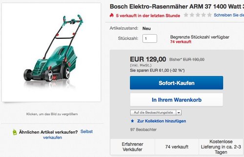Bosch DIY Rasenmäher ARM 37, 40 l Grasfangkorb, 1400 Watt, 37cm Schnittbreite - jetzt 26% billiger