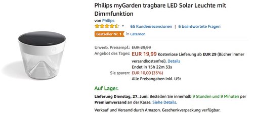 Philips myGarden tragbare LED Solar Leuchte mit Dimmfunktion - jetzt 31% billiger