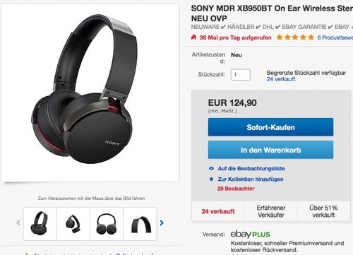 Sony MDR-XB950B1 kabelloser Kopfhörer (Bluetooth, Extrabass) - jetzt 9% billiger