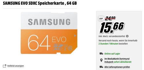 Samsung Micro SDXC 64GB EVO UHS-I Grade 1 Class 10 Speicherkarte - jetzt 29% billiger