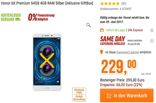 Honor 6X Smartphone (13,97 cm (5,5 Zoll) Display, 64GB Speicher, Android 6.0) silber - jetzt 16% billiger
