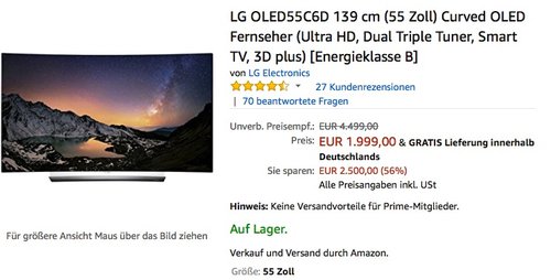 LG OLED55C6D 139 cm (55 Zoll) Curved OLED Fernseher (UHD 4K, 3D) - jetzt 23% billiger