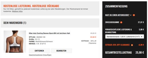 Zusätzlich 25% Rabatt auf reduzierte Ware bei Nike Store (Bsp.: Nike Indy Cooling Damen-Sport-BH mit leichtem Halt) - jetzt 19% billiger