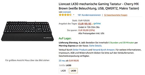 Lioncast LK30 mechanische Gaming Tastatur - Cherry MX Brown - jetzt 15% billiger Lioncast LK30 mechanische Gaming Tastatur - Cherry MX Brown - jetzt 15% billiger