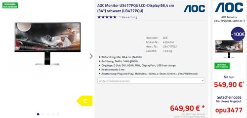 AOC U3477PQU 86,7 cm (34 Zoll) Monitor - jetzt 15% billiger AOC U3477PQU 86,7 cm (34 Zoll) Monitor - jetzt 15% billiger