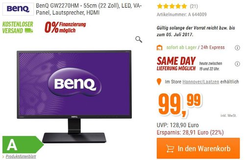 BenQ GW2270HM 22 Zoll Monitor - jetzt 12% billiger