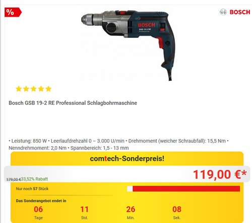 Bosch Professional GSB 19-2 RE Schlagbohrmaschine - jetzt 9% billiger Bosch Professional GSB 19-2 RE Schlagbohrmaschine - jetzt 9% billiger