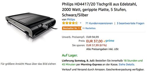 Philips HD4417/20 Tischgrill aus Edelstahl, 2000 Watt, gerippte Platte, 5 Stufen, Schwarz/Silber - jetzt 46% billiger