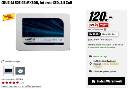CRUCIAL 525 GB MX300, Interne SSD-Festplatte, 2.5 Zoll - jetzt 19% billiger