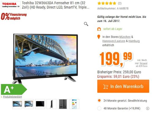 Toshiba 32W3663DA Fernseher 81 cm (32 Zoll) HD Ready, Smart TV - jetzt 14% billiger Toshiba 32W3663DA Fernseher 81 cm (32 Zoll) HD Ready, Smart TV - jetzt 14% billiger