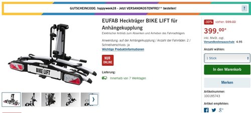 EUFAB Heckträger BIKE LIFT für Anhängekupplung EUFAB Heckträger BIKE LIFT für Anhängekupplung