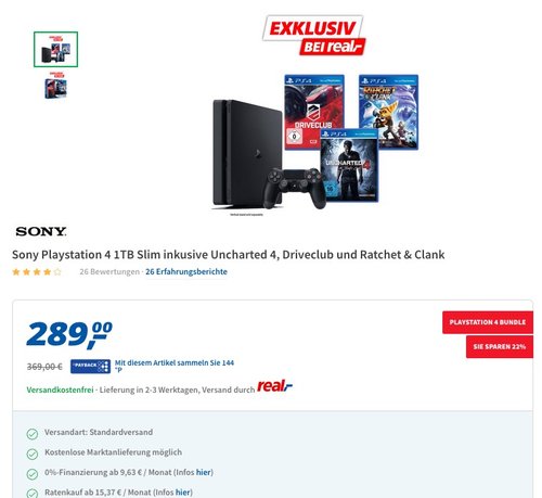 Sony Playstation 4 1TB Slim inkusive Uncharted 4, Driveclub und Ratchet & Clank - jetzt 9% billiger