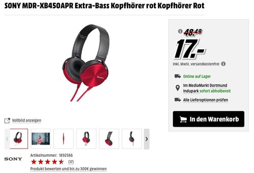 Sony MDR-XB450APR Extra-Bass Kopfhörer mit integriertem Mikrofon, rot - jetzt 48% billiger