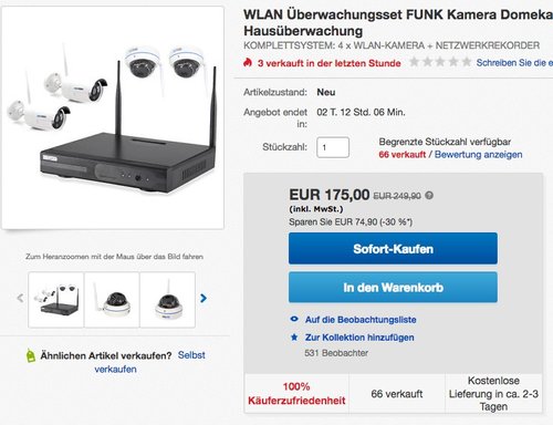 InkoVideo Komplettset WLAN Set / 4 Kanal Netzwerkrekorder mit 4 x HD Überwachungskamera - jetzt 30% billiger