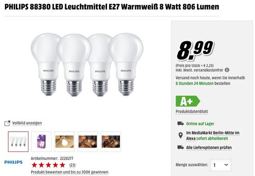 Philips LED Lampe 8 W ersetzt 60 W, E27, warmweiß (2700K), 806 Lumen - jetzt 18% billiger Philips LED Lampe 8 W ersetzt 60 W, E27, warmweiß (2700K), 806 Lumen - jetzt 18% billiger