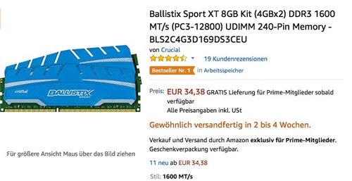 Ballistix Sport XT 8GB Kit (4GBx2) DDR3 1600 MT/s (PC3-12800) Arbeitsspeicher - jetzt 55% billiger Ballistix Sport XT 8GB Kit (4GBx2) DDR3 1600 MT/s (PC3-12800) Arbeitsspeicher - jetzt 55% billiger