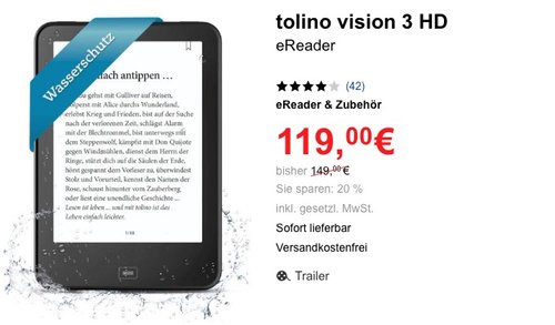 tolino Vision 3 HD eBook reader - jetzt 12% billiger tolino Vision 3 HD eBook reader - jetzt 12% billiger