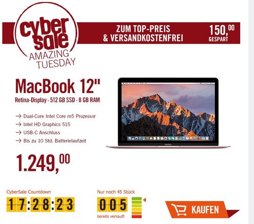 Apple MacBook 12", Intel m5 1,2 GHz, 512 GB SSD, 8 GB RAM, roségold - jetzt 11% billiger