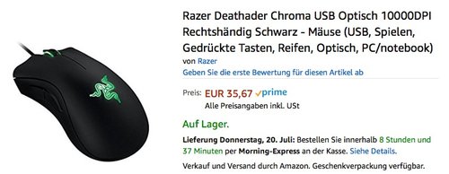 Razer DeathAdder Chroma RGB beleuchtete Ergonomische Gaming Maus - jetzt 35% billiger