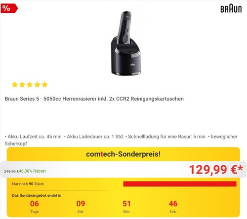 Braun Series 5 Elektrischer Rasierer 5050cc, mit Reinigungsstation und 2 Reinigungskartuschen - jetzt 13% billiger Braun Series 5 Elektrischer Rasierer 5050cc, mit Reinigungsstation und 2 Reinigungskartuschen - jetzt 13% billiger