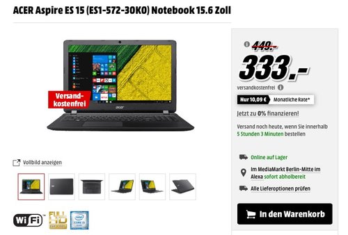 ACER Aspire ES 15 (ES1-572-30K0) Notebook 15.6 Zoll - jetzt 21% billiger ACER Aspire ES 15 (ES1-572-30K0) Notebook 15.6 Zoll - jetzt 21% billiger