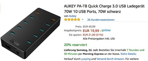 AUKEY PA-T8 Quick Charge 3.0 USB Ladegerät 70W 10 USB Ports - jetzt 51% billiger