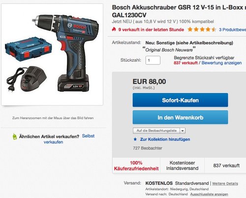 Bosch Akkuschrauber GSR 12 V-15  - jetzt 32% billiger