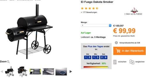 El Fuego Holzkohlegrill/Smoker Dakota - jetzt 9% billiger