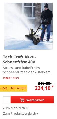 Tech Craft Akku-Schneefräse 40V mit LED-Licht - jetzt 23% billiger Tech Craft Akku-Schneefräse 40V mit LED-Licht - jetzt 23% billiger