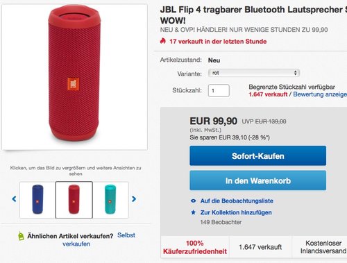 JBL Flip 4 Bluetooth Lautsprecher - Rot - jetzt 9% billiger