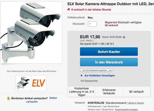 ELV Solar Kamera-Attrappe Outdoor mit LED, 2er-Set - jetzt 28% billiger ELV Solar Kamera-Attrappe Outdoor mit LED, 2er-Set - jetzt 28% billiger