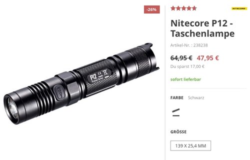Nitecore Taschenlampe P12 - jetzt 18% billiger Nitecore Taschenlampe P12 - jetzt 18% billiger