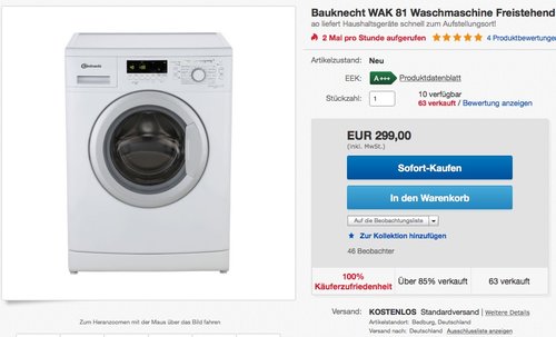  Bauknecht WAK 81 Waschmaschine - 8 kg, 1400 U/Min, A+++ - jetzt 19% billiger