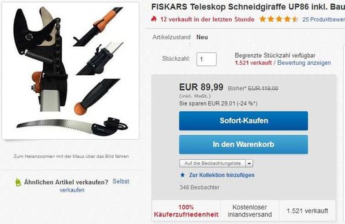 Fiskars  Teleskop-Schneidgiraffe mit Adapter-Baumsäge - jetzt 21% billiger