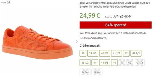 adidas Damen Originals Court Vantage Sneaker Orange - jetzt 37% billiger
