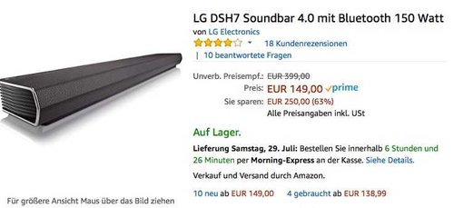 LG DSH7 Soundbar 4.0 mit Bluetooth 150 Watt - jetzt 24% billiger LG DSH7 Soundbar 4.0 mit Bluetooth 150 Watt - jetzt 24% billiger