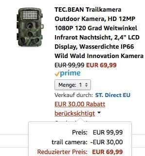 TEC.BEAN Trailkamera Outdoor Kamera, HD 12MP 1080P 120 Grad Weitwinkel Infrarot Nachtsicht - jetzt 30% billiger