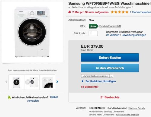 Samsung WF70F5EB Waschmaschine, A+++, Frontlader, 7 kg, Schaumaktiv Technologie, weiß  - jetzt 22% billiger Samsung WF70F5EB Waschmaschine, A+++, Frontlader, 7 kg, Schaumaktiv Technologie, weiß  - jetzt 22% billiger