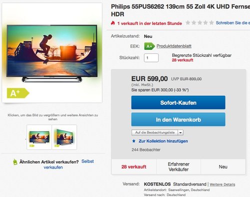 Philips 55PUS6262 139cm (55 Zoll) 4K UHD Ambilight Fernseher  - jetzt 14% billiger