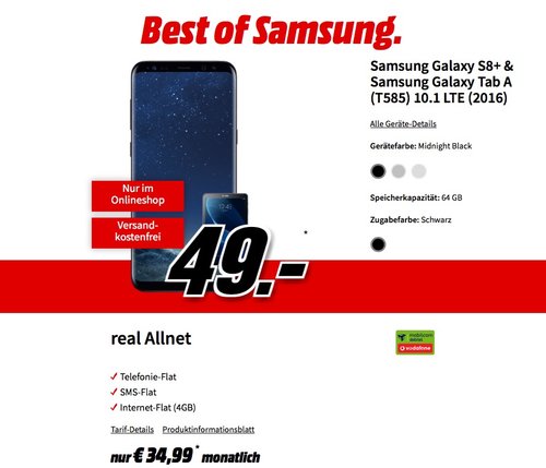 Mobilcom Debitel Real Allnet-Flat im D2-Netz + Samsung Galaxy S8+ & Samsung Galaxy Tab A (T585) 10.1 LTE (2016) - jetzt 20% billiger