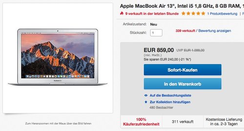 Apple MacBook Air 13", Intel i5 1,8 GHz, 8 GB RAM, 128 GB SSD,2017 - jetzt 10% billiger Apple MacBook Air 13", Intel i5 1,8 GHz, 8 GB RAM, 128 GB SSD,2017 - jetzt 10% billiger